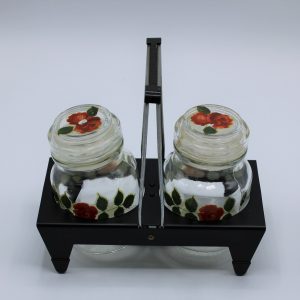 Vintage rekje met set voorraadpotjes