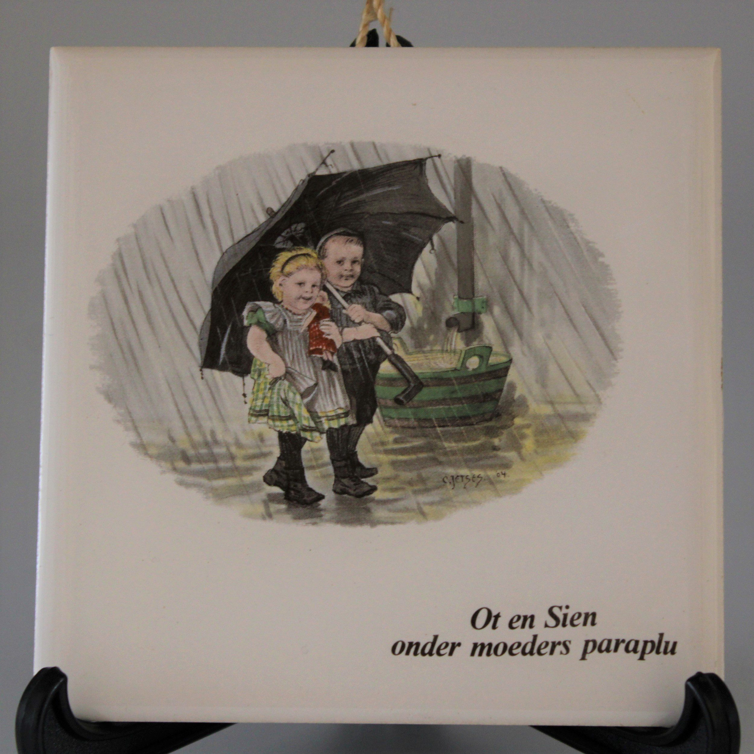 Ot en Sien onder moeders paraplu tegel