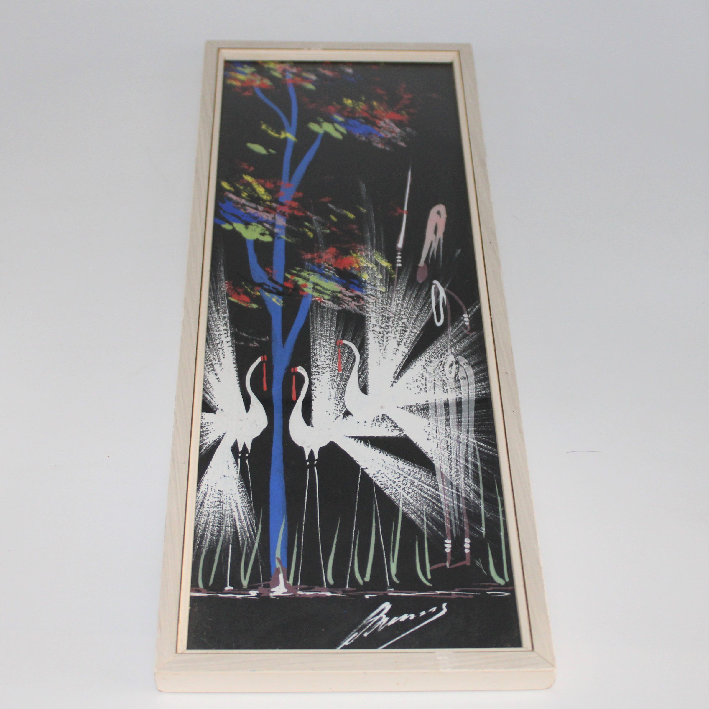 Vintage Art schilderijtje Kraanvogels Mid Century 1960