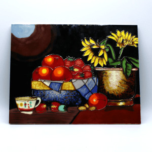 Glasschilderij Stilleven Fruit Zonnebloemen